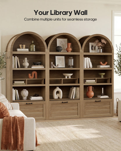 HAUOMS 76.6 inch tall Arched Bookshelf with Moveable Storage Bench and 5-Tier Wood Bookcase Multi-Functional Display Cabinet with Storage for Living Room Entryway