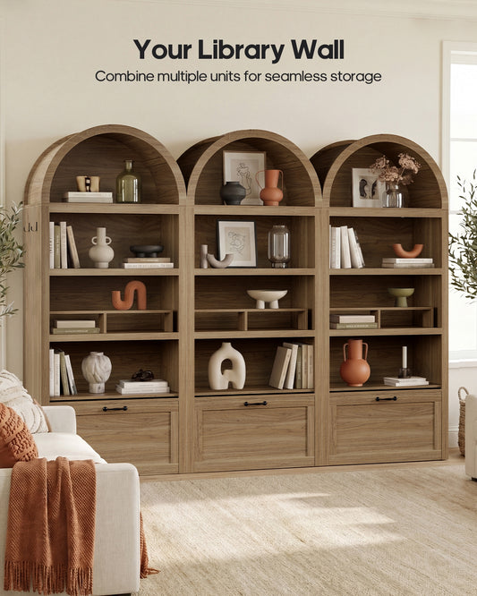 HAUOMS 76.6 inch tall Arched Bookshelf with Moveable Storage Bench and 5-Tier Wood Bookcase Multi-Functional Display Cabinet with Storage for Living Room Entryway