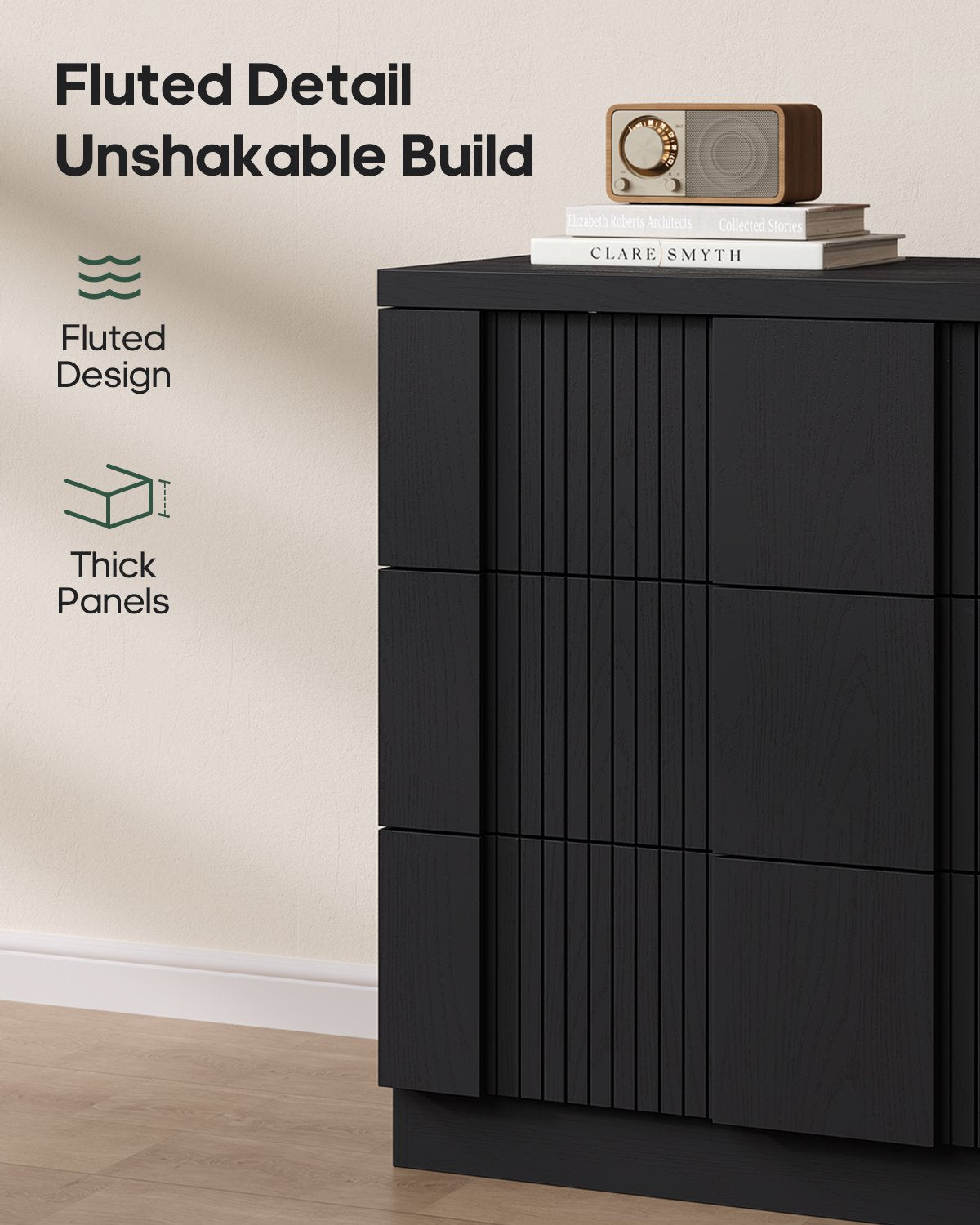 HAUOMS 55.2 Inch Wide Dresser with 6 Drawers Fluted Modern Wooden Chest Storage Organizer for Living Room Hallway Entryway