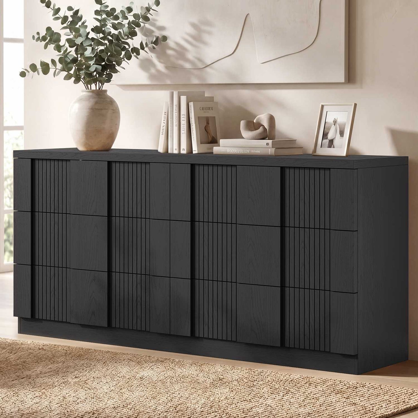 HAUOMS 55.2 Inch Wide Dresser with 6 Drawers Fluted Modern Wooden Chest Storage Organizer for Living Room Hallway Entryway