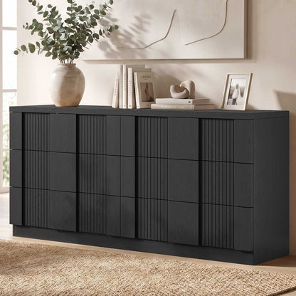HAUOMS 55.2 Inch Wide Dresser with 6 Drawers Fluted Modern Wooden Chest Storage Organizer for Living Room Hallway Entryway