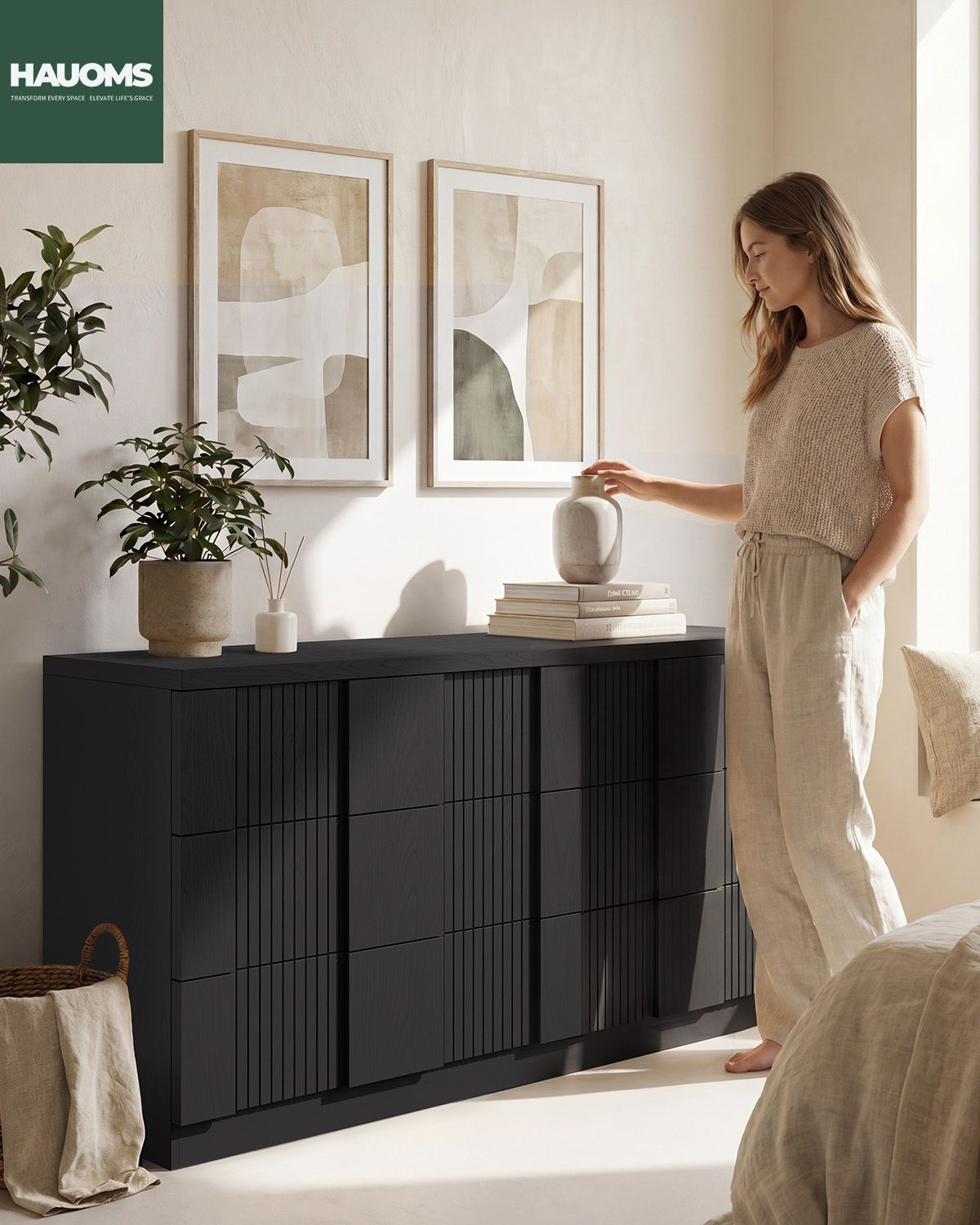 HAUOMS 55.2 Inch Wide Dresser with 6 Drawers Fluted Modern Wooden Chest Storage Organizer for Living Room Hallway Entryway