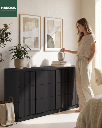 HAUOMS 55.2 Inch Wide Dresser with 6 Drawers Fluted Modern Wooden Chest Storage Organizer for Living Room Hallway Entryway