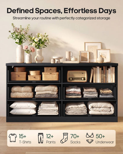 HAUOMS 55.2 Inch Wide Dresser with 6 Drawers Fluted Modern Wooden Chest Storage Organizer for Living Room Hallway Entryway