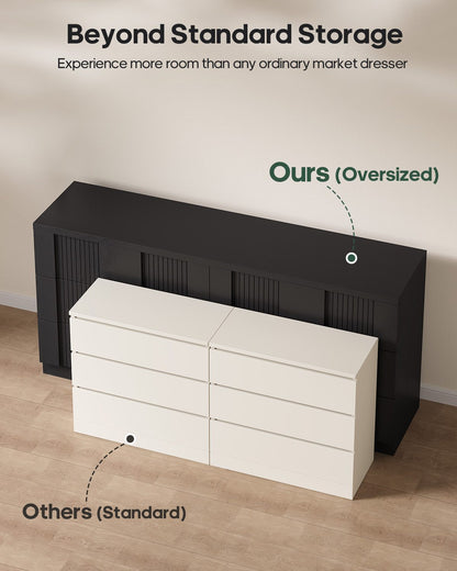 HAUOMS 55.2 Inch Wide Dresser with 6 Drawers Fluted Modern Wooden Chest Storage Organizer for Living Room Hallway Entryway