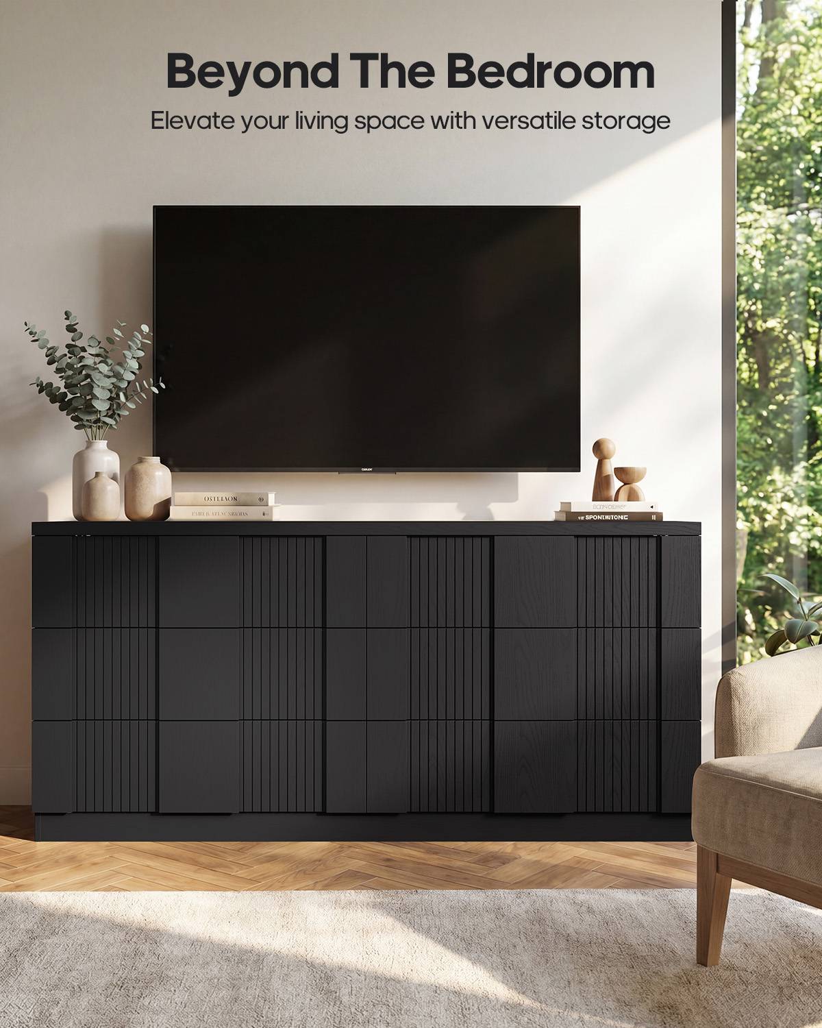 HAUOMS 55.2 Inch Wide Dresser with 6 Drawers Fluted Modern Wooden Chest Storage Organizer for Living Room Hallway Entryway