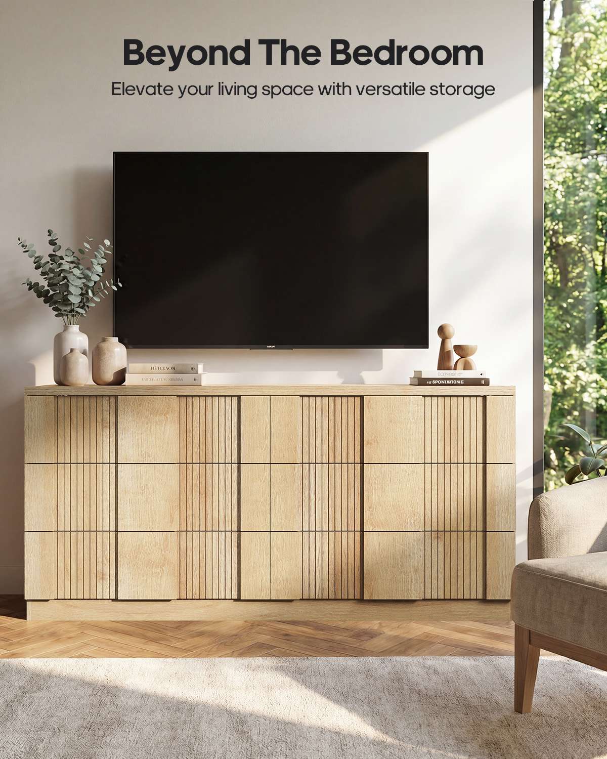 HAUOMS 55.2 Inch Wide Dresser with 6 Drawers Fluted Modern Wooden Chest Storage Organizer for Living Room Hallway Entryway