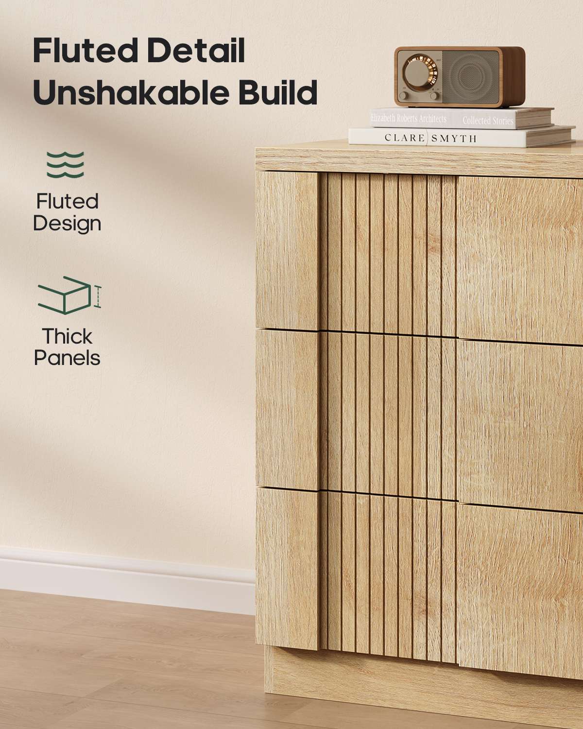 HAUOMS 55.2 Inch Wide Dresser with 6 Drawers Fluted Modern Wooden Chest Storage Organizer for Living Room Hallway Entryway