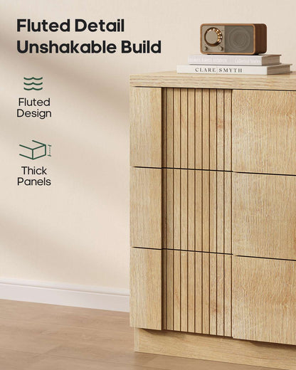 HAUOMS 55.2 Inch Wide Dresser with 6 Drawers Fluted Modern Wooden Chest Storage Organizer for Living Room Hallway Entryway