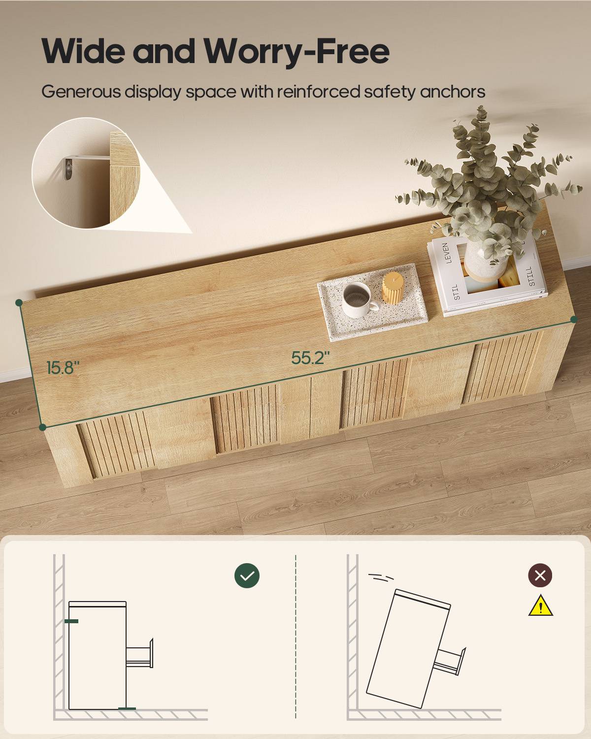 HAUOMS 55.2 Inch Wide Dresser with 6 Drawers Fluted Modern Wooden Chest Storage Organizer for Living Room Hallway Entryway