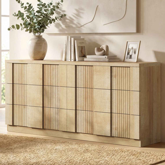 HAUOMS 55.2 Inch Wide Dresser with 6 Drawers Fluted Modern Wooden Chest Storage Organizer for Living Room Hallway Entryway