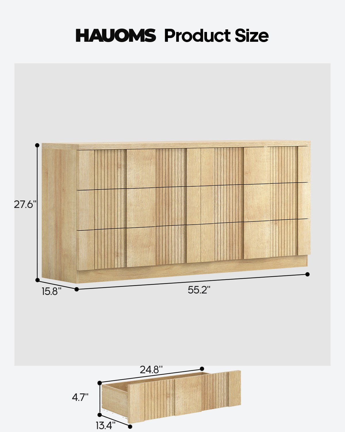 HAUOMS 55.2 Inch Wide Dresser with 6 Drawers Fluted Modern Wooden Chest Storage Organizer for Living Room Hallway Entryway