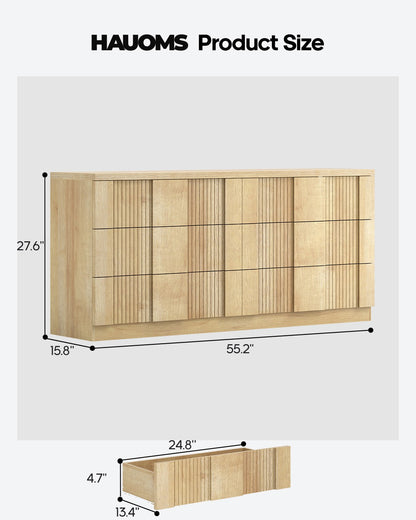 HAUOMS 55.2 Inch Wide Dresser with 6 Drawers Fluted Modern Wooden Chest Storage Organizer for Living Room Hallway Entryway