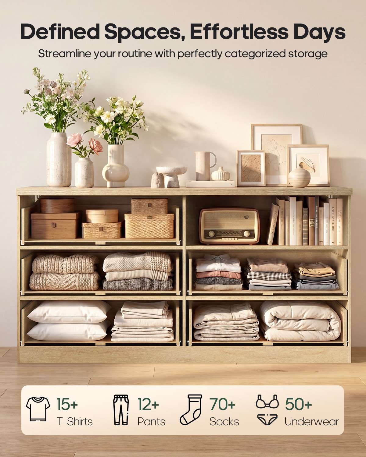 HAUOMS 55.2 Inch Wide Dresser with 6 Drawers Fluted Modern Wooden Chest Storage Organizer for Living Room Hallway Entryway