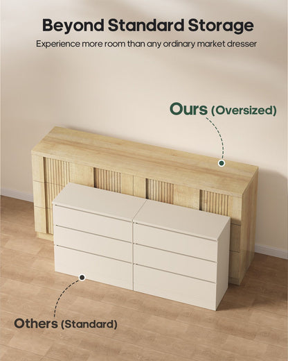 HAUOMS 55.2 Inch Wide Dresser with 6 Drawers Fluted Modern Wooden Chest Storage Organizer for Living Room Hallway Entryway