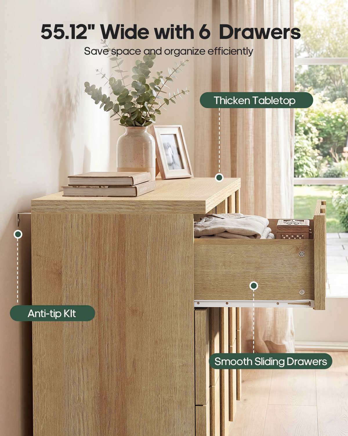 HAUOMS 55.2 Inch Wide Dresser with 6 Drawers Fluted Modern Wooden Chest Storage Organizer for Living Room Hallway Entryway