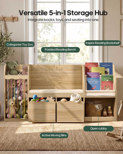 HAUOMS 63 Inch Bookshelf with Storage 5-in-1 Bookcase with Padded Bench and 2 Removable Bins Reading Nook Toy Storage Organizer Open Cubby for Living Room