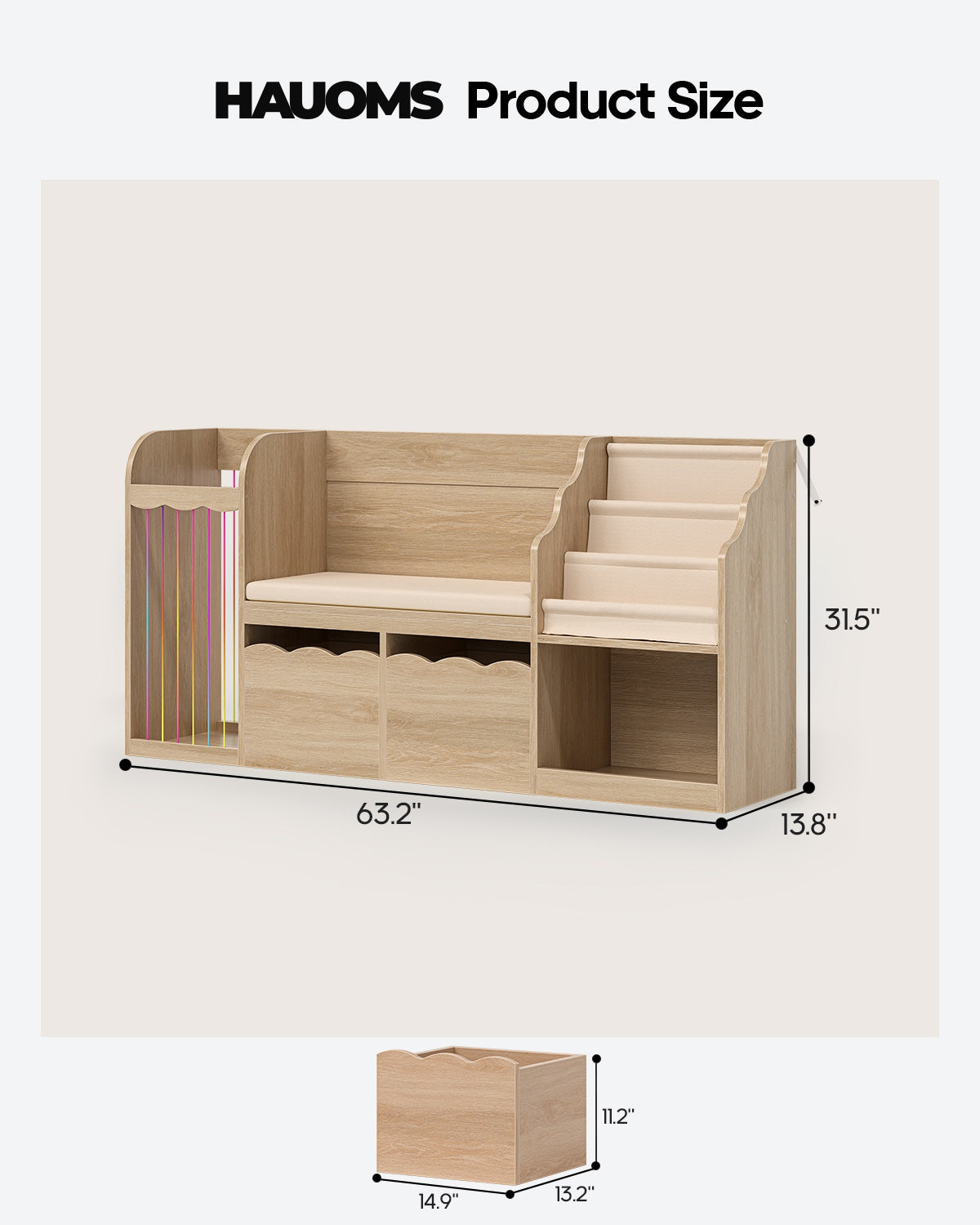 HAUOMS 63 Inch Bookshelf with Storage 5-in-1 Bookcase with Padded Bench and 2 Removable Bins Reading Nook Toy Storage Organizer Open Cubby for Living Room