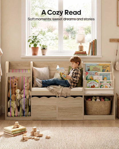 HAUOMS 63 Inch Bookshelf with Storage 5-in-1 Bookcase with Padded Bench and 2 Removable Bins Reading Nook Toy Storage Organizer Open Cubby for Living Room