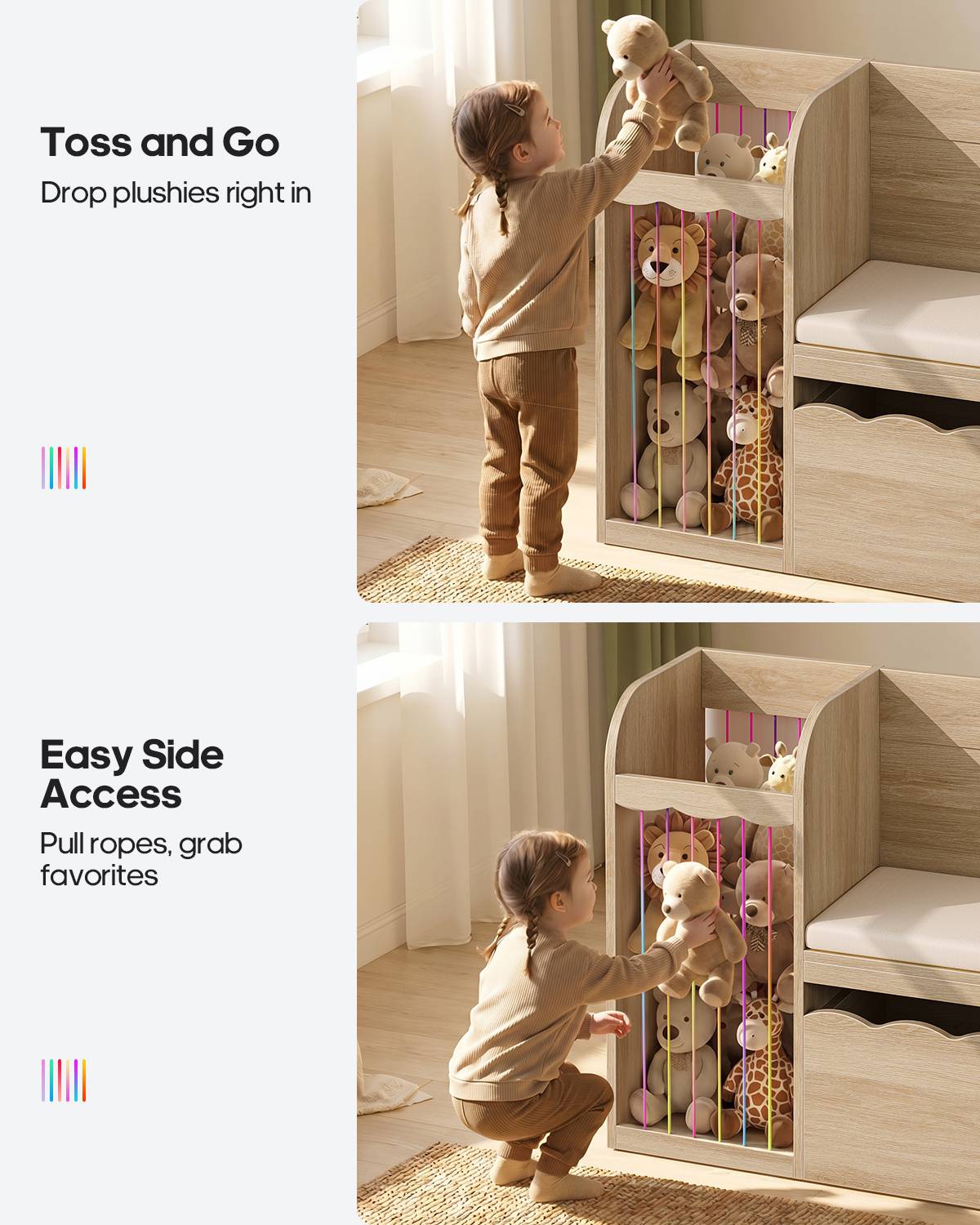 HAUOMS 63 Inch Bookshelf with Storage 5-in-1 Bookcase with Padded Bench and 2 Removable Bins Reading Nook Toy Storage Organizer Open Cubby for Living Room