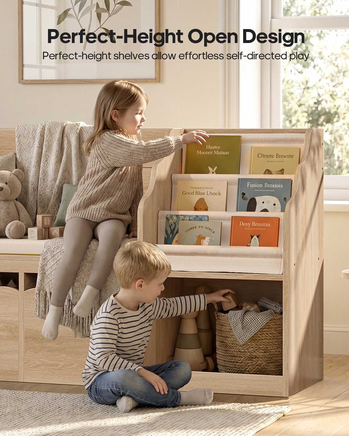 HAUOMS 63 Inch Bookshelf with Storage 5-in-1 Bookcase with Padded Bench and 2 Removable Bins Reading Nook Toy Storage Organizer Open Cubby for Living Room