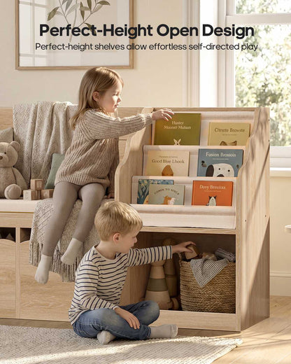 HAUOMS 63 Inch Bookshelf with Storage 5-in-1 Bookcase with Padded Bench and 2 Removable Bins Reading Nook Toy Storage Organizer Open Cubby for Living Room
