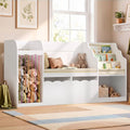 HAUOMS 63 Inch Bookshelf with Storage 5-in-1 Bookcase with Padded Bench and 2 Removable Bins Reading Nook Toy Storage Organizer Open Cubby for Living Room