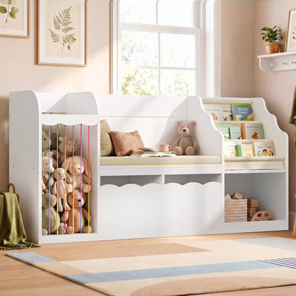HAUOMS 63 Inch Bookshelf with Storage 5-in-1 Bookcase with Padded Bench and 2 Removable Bins Reading Nook Toy Storage Organizer Open Cubby for Living Room