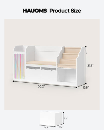 HAUOMS 63 Inch Bookshelf with Storage 5-in-1 Bookcase with Padded Bench and 2 Removable Bins Reading Nook Toy Storage Organizer Open Cubby for Living Room