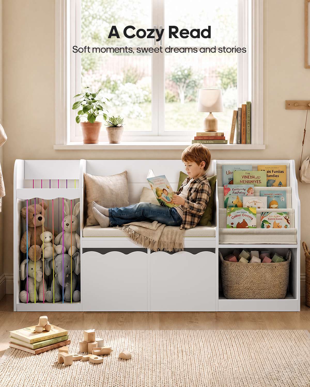 HAUOMS 63 Inch Bookshelf with Storage 5-in-1 Bookcase with Padded Bench and 2 Removable Bins Reading Nook Toy Storage Organizer Open Cubby for Living Room