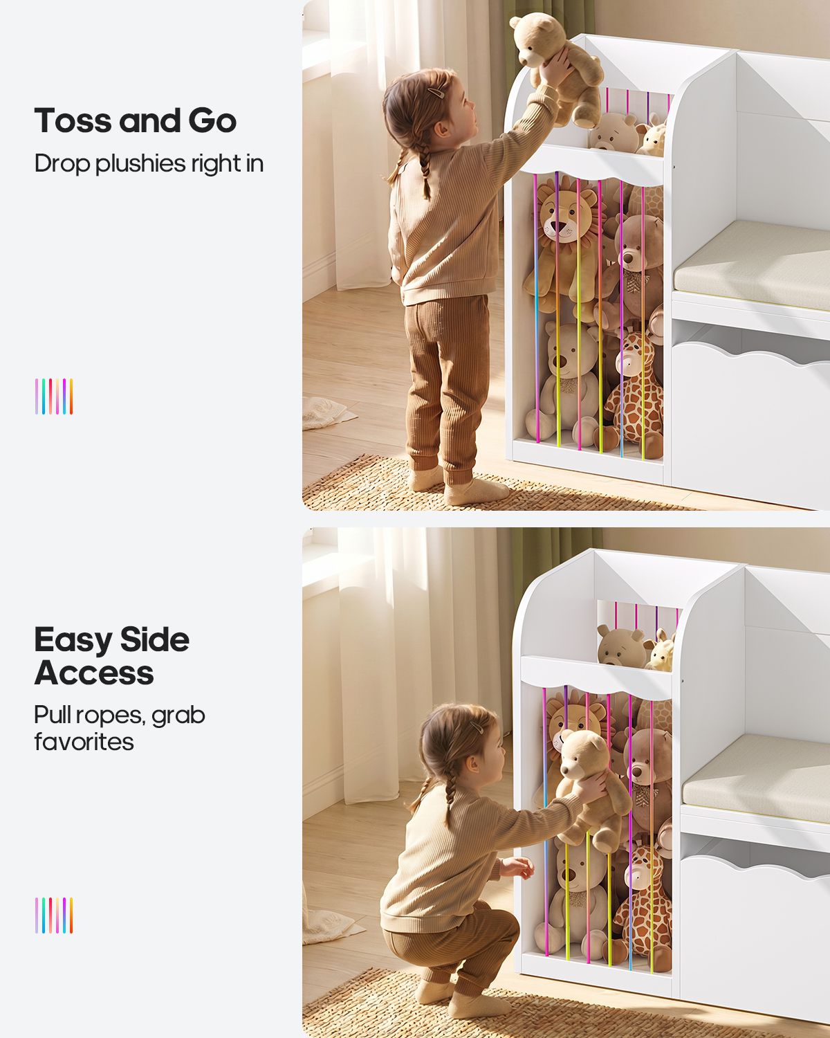 HAUOMS 63 Inch Bookshelf with Storage 5-in-1 Bookcase with Padded Bench and 2 Removable Bins Reading Nook Toy Storage Organizer Open Cubby for Living Room