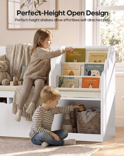 HAUOMS 63 Inch Bookshelf with Storage 5-in-1 Bookcase with Padded Bench and 2 Removable Bins Reading Nook Toy Storage Organizer Open Cubby for Living Room