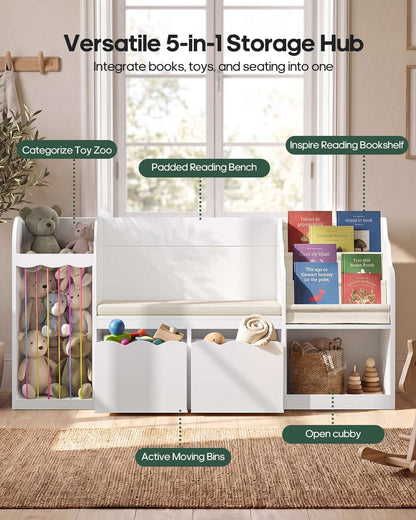 HAUOMS 63 Inch Bookshelf with Storage 5-in-1 Bookcase with Padded Bench and 2 Removable Bins Reading Nook Toy Storage Organizer Open Cubby for Living Room
