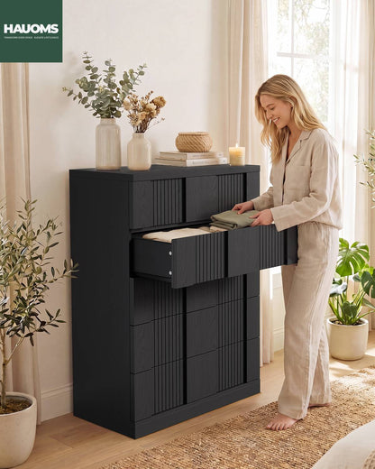 HAUOMS 43.3 Tall Inch Dresser with 5 Drawer Fluted Wood Chest Storage Cabinet for Living Room Hallway Entryway Home Office