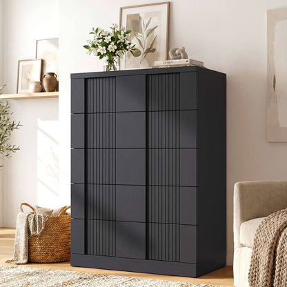 HAUOMS 43.3 Tall Inch Dresser with 5 Drawer Fluted Wood Chest Storage Cabinet for Living Room Hallway Entryway Home Office