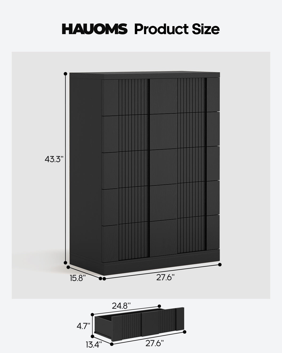 HAUOMS 43.3 Tall Inch Dresser with 5 Drawer Fluted Wood Chest Storage Cabinet for Living Room Hallway Entryway Home Office