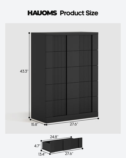 HAUOMS 43.3 Tall Inch Dresser with 5 Drawer Fluted Wood Chest Storage Cabinet for Living Room Hallway Entryway Home Office