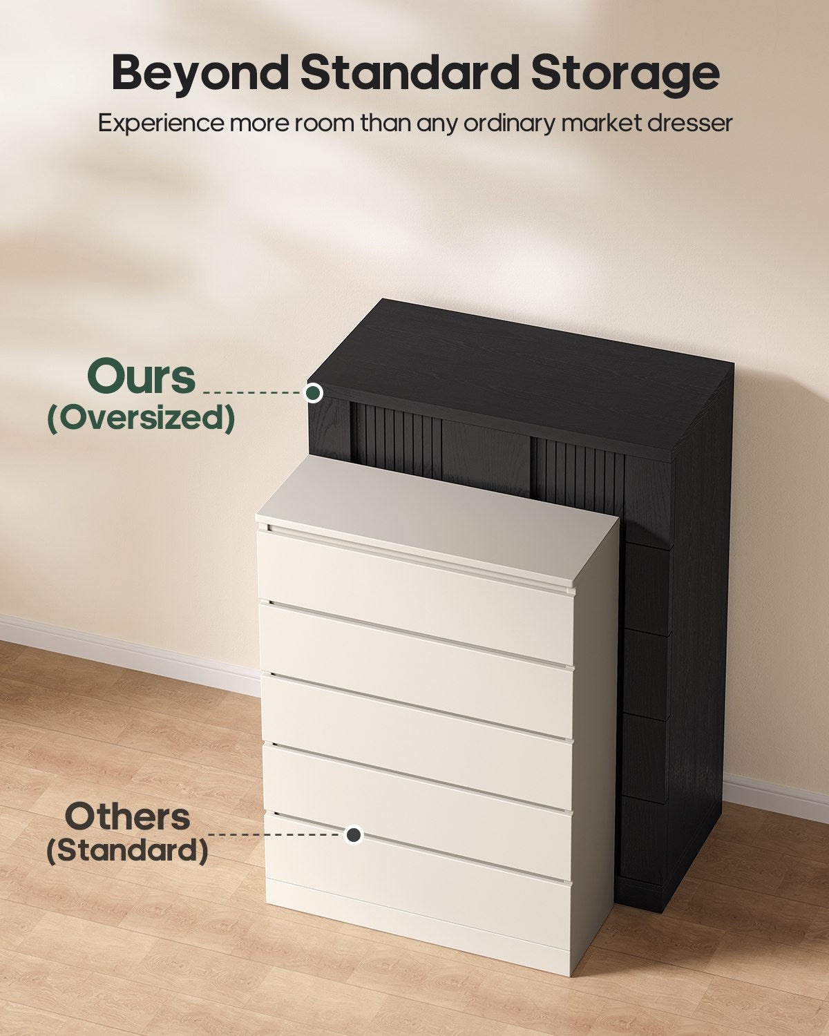 HAUOMS 43.3 Tall Inch Dresser with 5 Drawer Fluted Wood Chest Storage Cabinet for Living Room Hallway Entryway Home Office