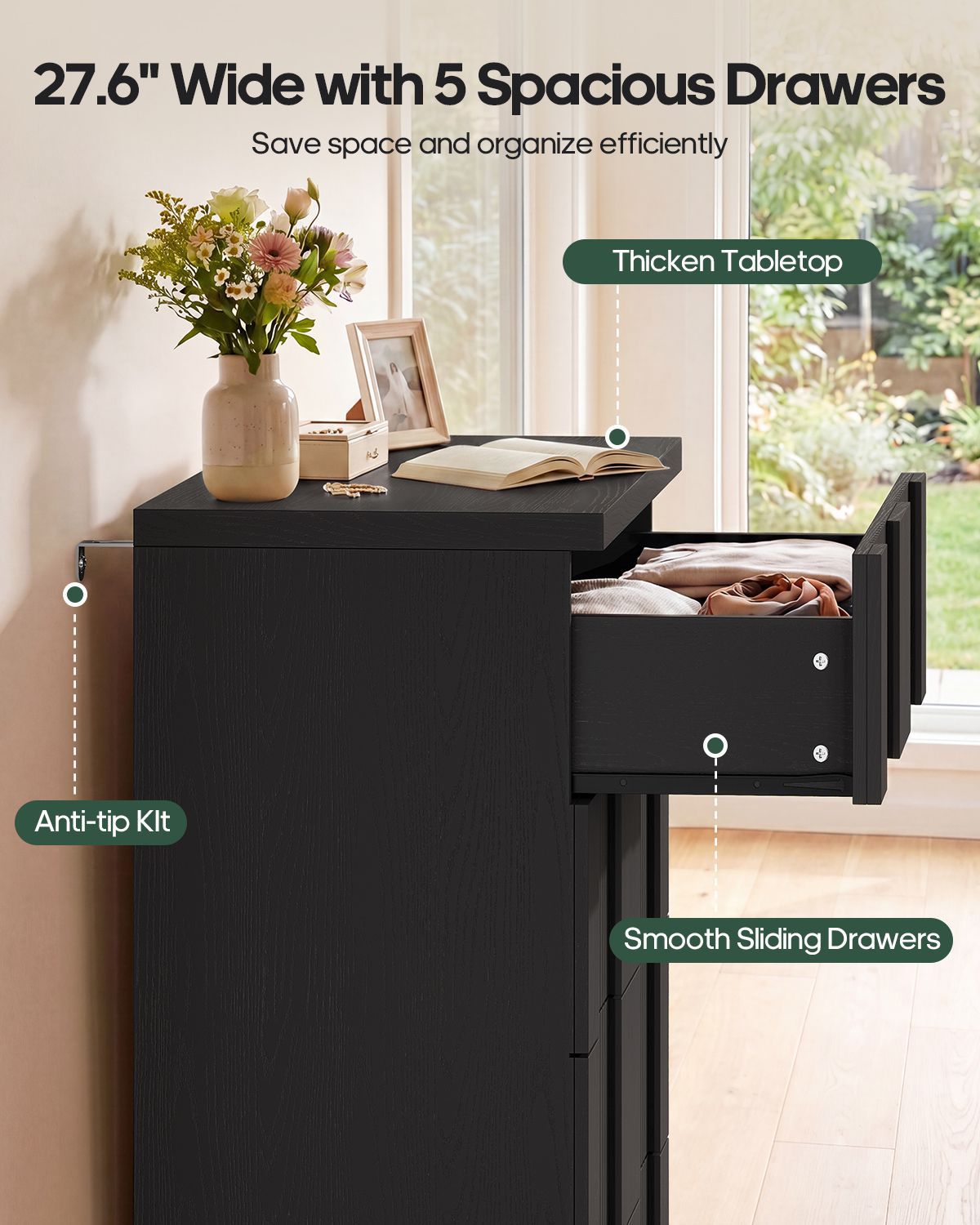 HAUOMS 43.3 Tall Inch Dresser with 5 Drawer Fluted Wood Chest Storage Cabinet for Living Room Hallway Entryway Home Office