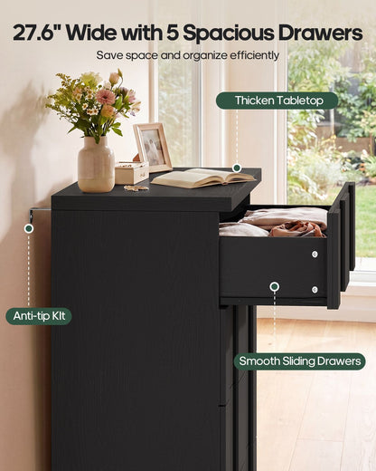 HAUOMS 43.3 Tall Inch Dresser with 5 Drawer Fluted Wood Chest Storage Cabinet for Living Room Hallway Entryway Home Office