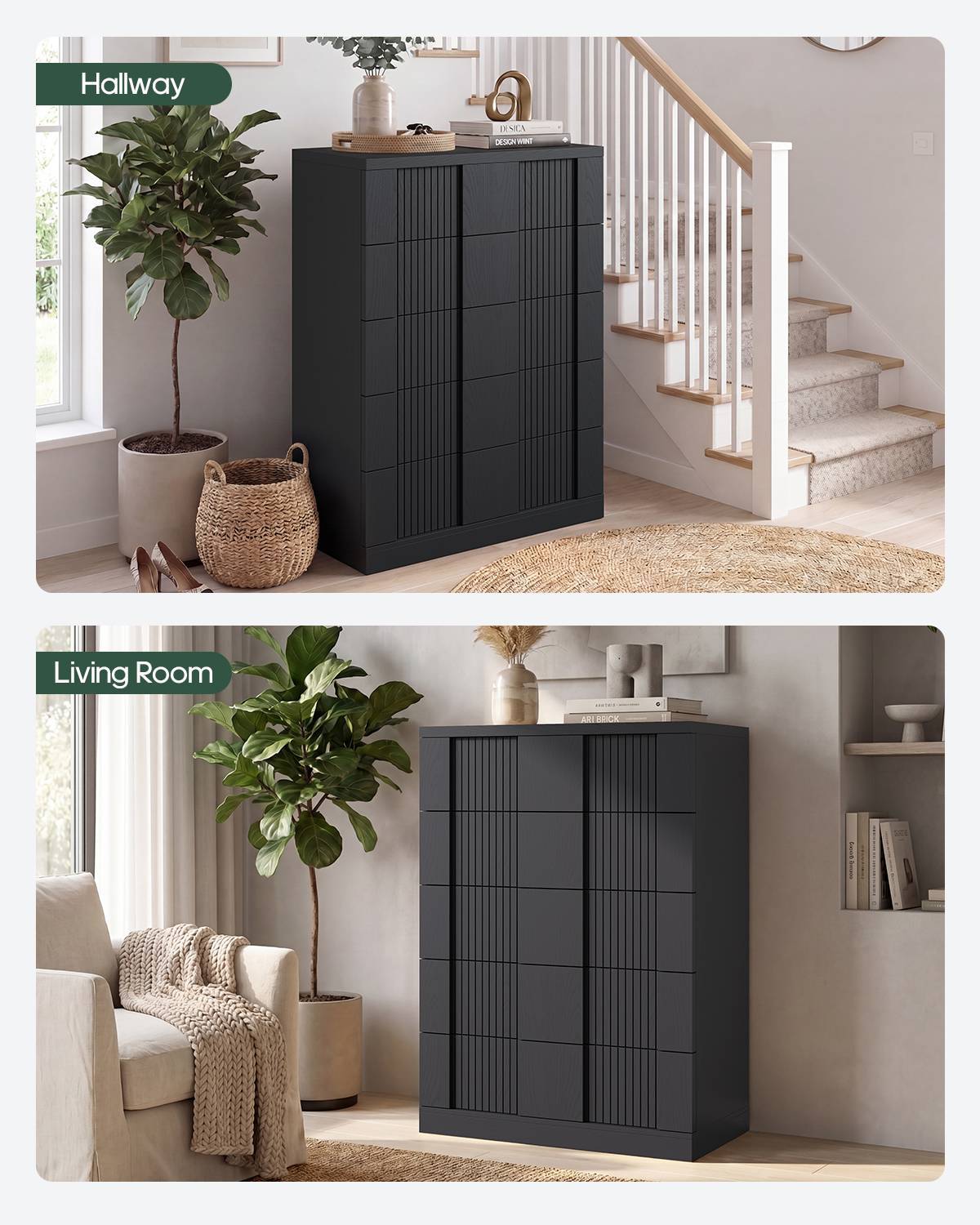 HAUOMS 43.3 Tall Inch Dresser with 5 Drawer Fluted Wood Chest Storage Cabinet for Living Room Hallway Entryway Home Office