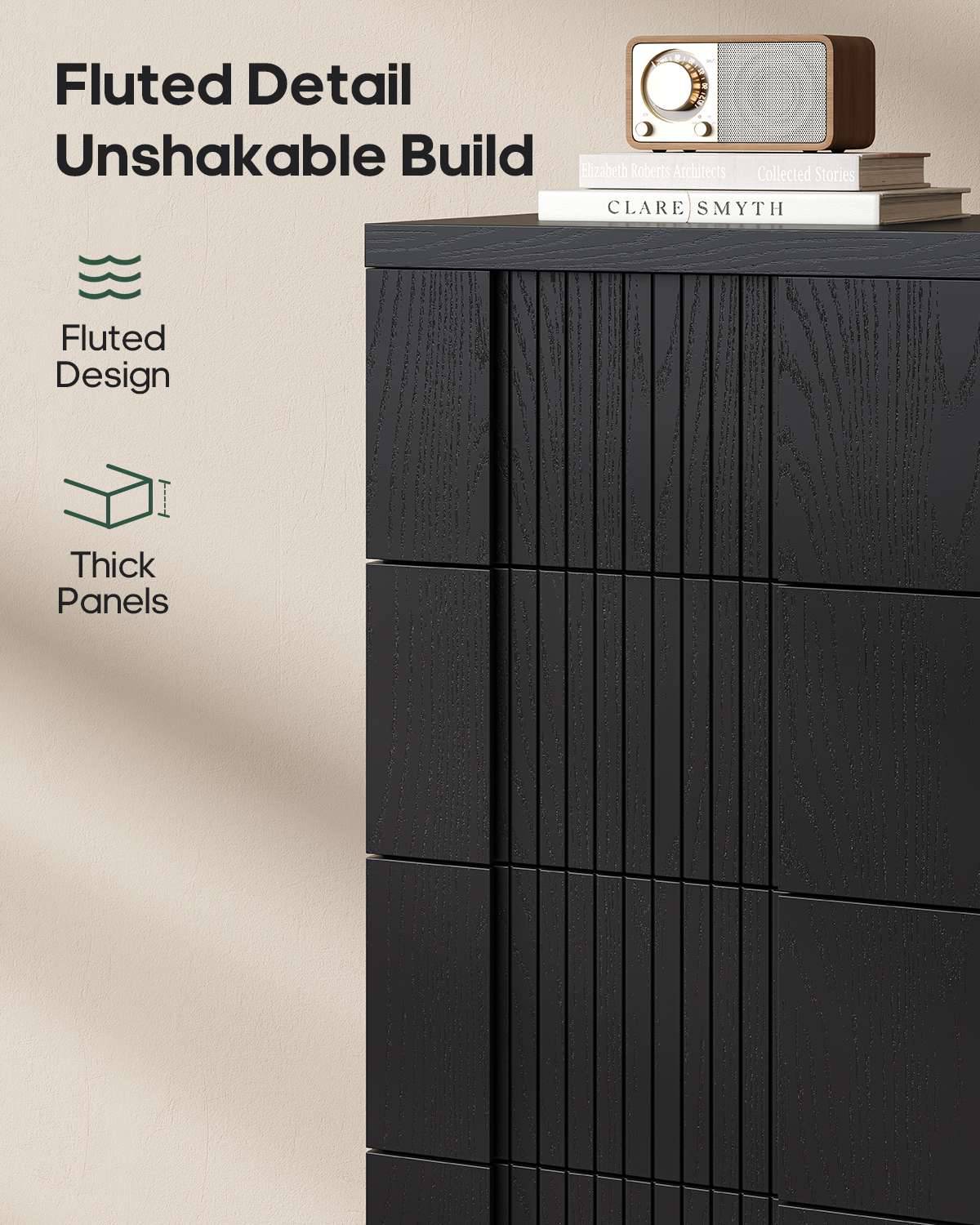 HAUOMS 43.3 Tall Inch Dresser with 5 Drawer Fluted Wood Chest Storage Cabinet for Living Room Hallway Entryway Home Office