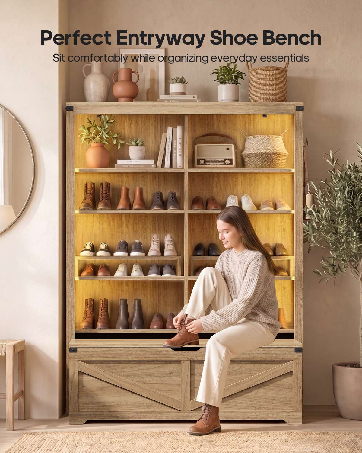 HAUOMS 70.9 Inch Tall Bookshelf with Rolling Storage Bench Multi-Functional 5-Tier Bookcase with Shelves and Large Storage for Living Room Home Office