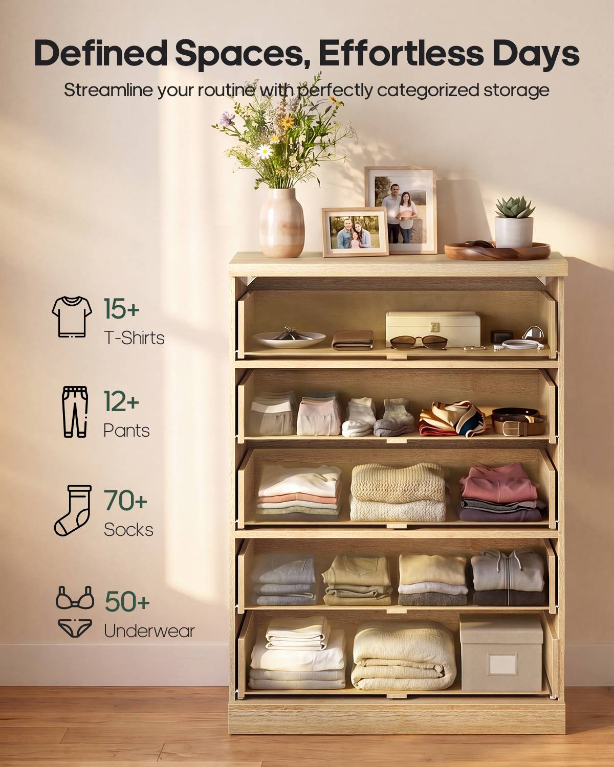 HAUOMS 43.3 Tall Inch Dresser with 5 Drawer Fluted Wood Chest Storage Cabinet for Living Room Hallway Entryway Home Office