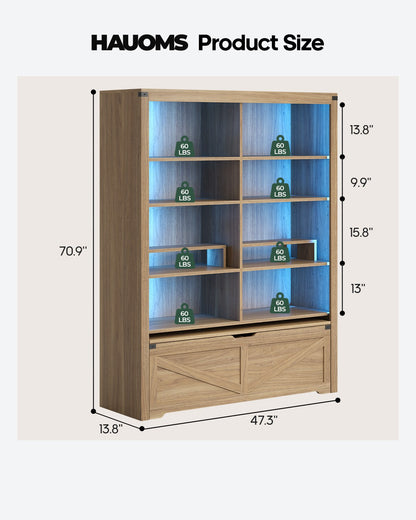 HAUOMS 70.9 Inch Tall Bookshelf with Rolling Storage Bench Multi-Functional 5-Tier Bookcase with Shelves and Large Storage for Living Room Home Office