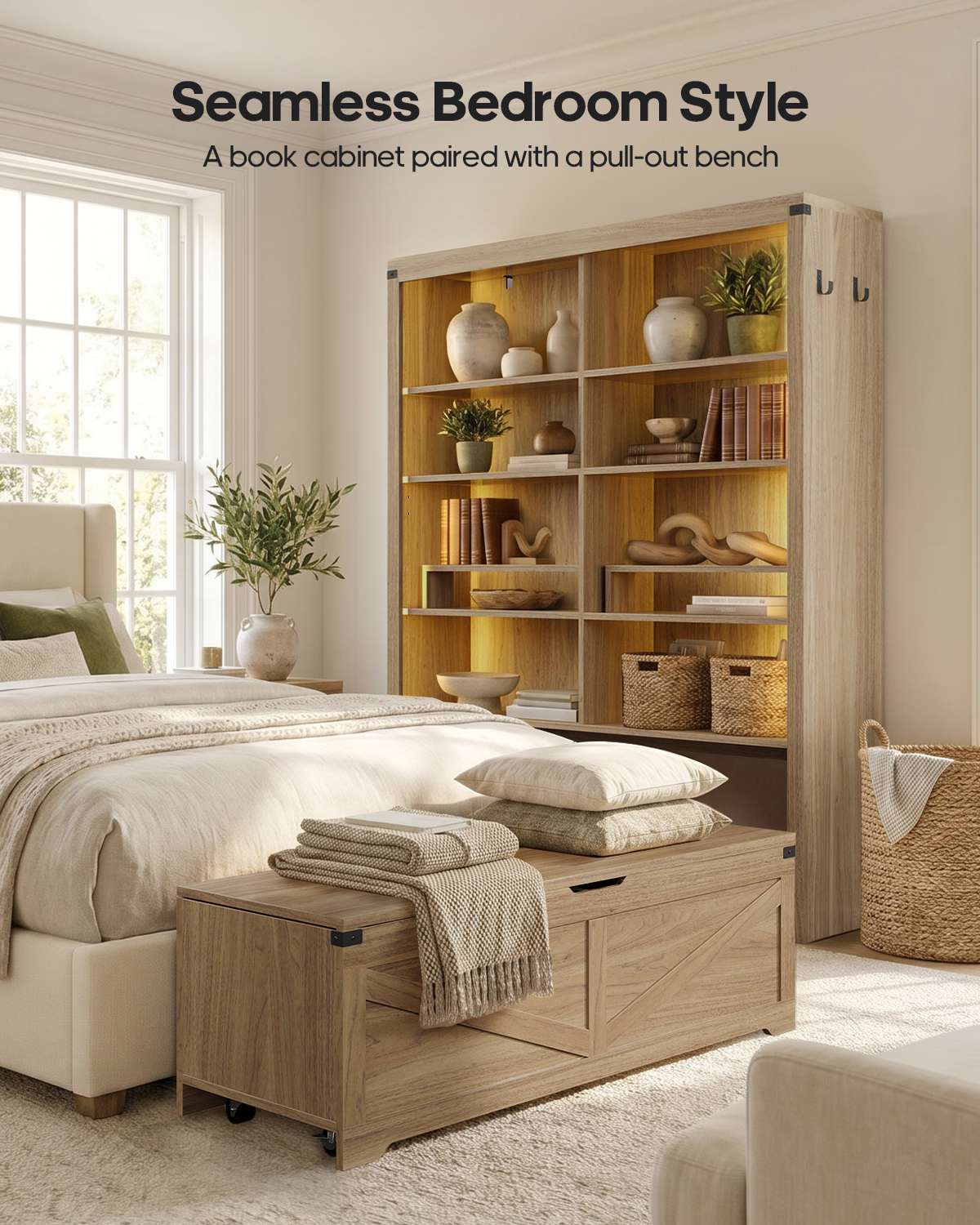 HAUOMS 70.9 Inch Tall Bookshelf with Rolling Storage Bench Multi-Functional 5-Tier Bookcase with Shelves and Large Storage for Living Room Home Office