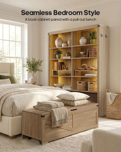 HAUOMS 70.9 Inch Tall Bookshelf with Rolling Storage Bench Multi-Functional 5-Tier Bookcase with Shelves and Large Storage for Living Room Home Office