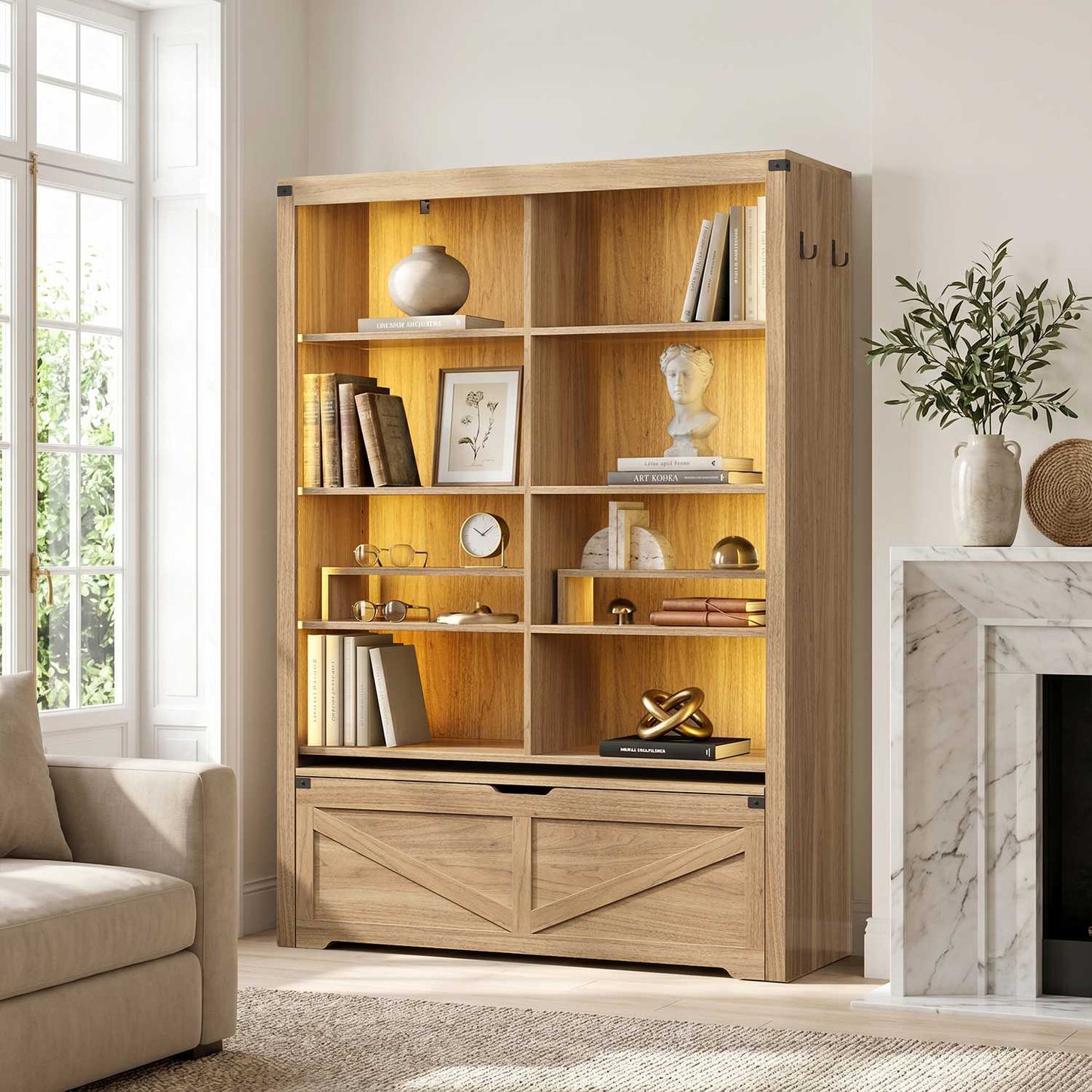 HAUOMS 70.9 Inch Tall Bookshelf with Rolling Storage Bench Multi-Functional 5-Tier Bookcase with Shelves and Large Storage for Living Room Home Office