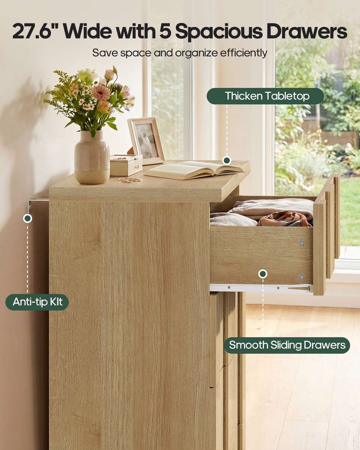 HAUOMS 43.3 Tall Inch Dresser with 5 Drawer Fluted Wood Chest Storage Cabinet for Living Room Hallway Entryway Home Office