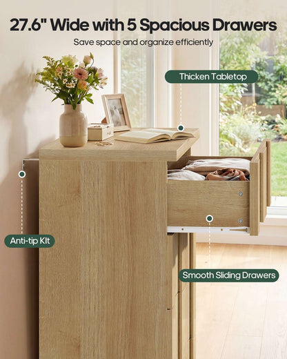 HAUOMS 43.3 Tall Inch Dresser with 5 Drawer Fluted Wood Chest Storage Cabinet for Living Room Hallway Entryway Home Office
